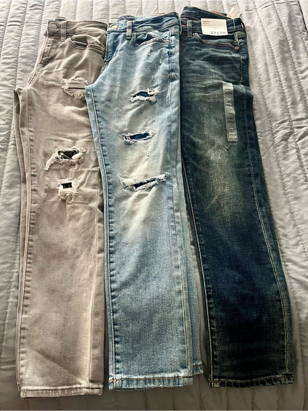 3 pair Aeropostale Men's Distressed skinny Jeans - Light Blue, Gray, Dark Blue